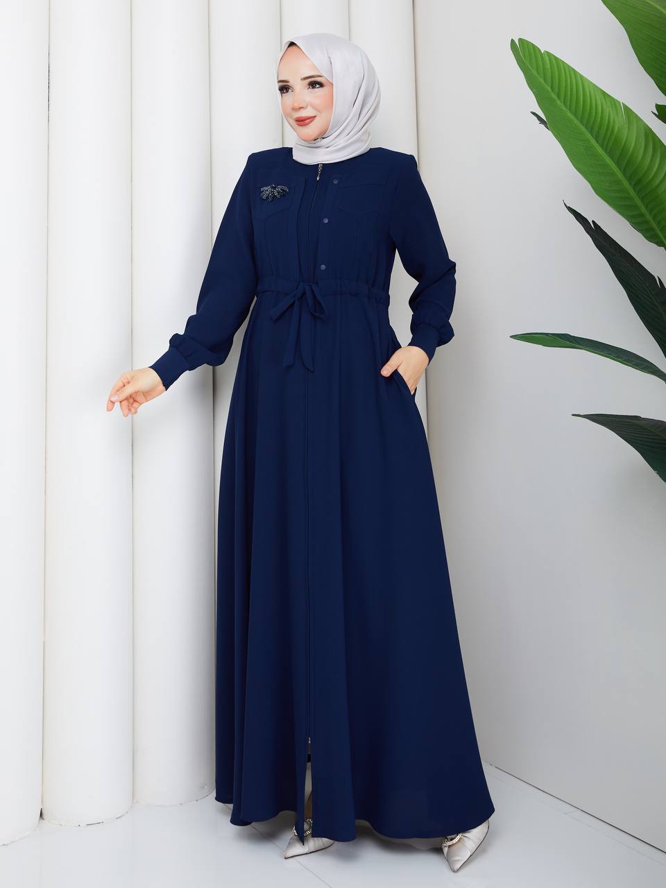 Lacivert Bade Model Ferace - Çıtçıtlı Ön - Ön Görünüm | Fugu Ferace Tesettür Giyim