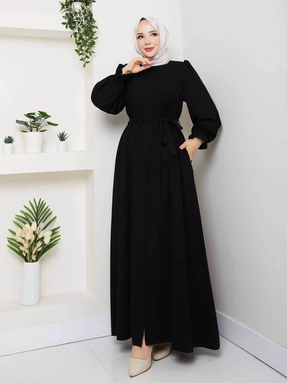 Siyah Papatya Model Ferace - Safir Medine İpeği - ön görünüm