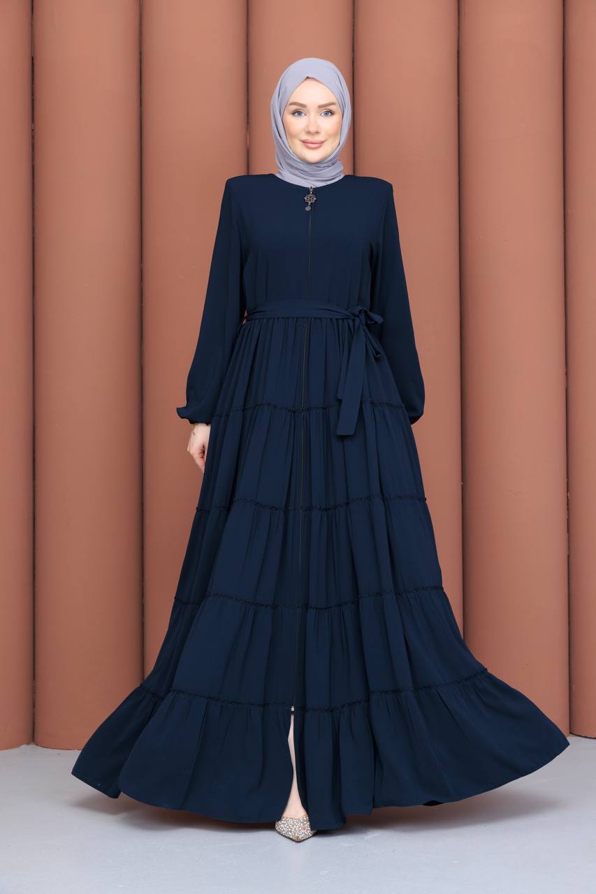 Lacivert 5 Kat Büzgülü Mevlana Model Ferace - Ön Görünüm | Fugu Ferace Tesettür Giyim